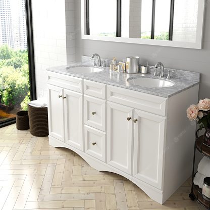 Talisa 60" Double Bath Vanity in White with White Marble Top and Round Sinks with Brushed Nickel Faucets with Matching Mirror