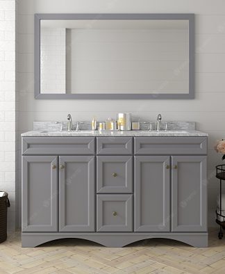 Talisa 60" Double Bath Vanity in Gray with White Marble Top and Square Sinks
