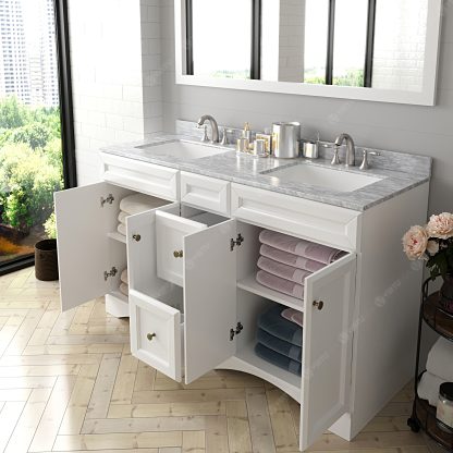 Talisa 60" Double Bath Vanity in White with White Marble Top and Square Sinks with Brushed Nickel Faucets with Matching Mirror