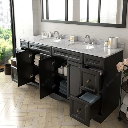 Talisa 72" Double Bath Vanity in Espresso with White Marble Top and Round Sinks with Matching Mirror