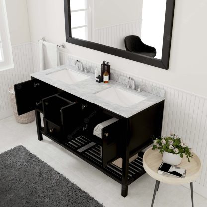 Winterfell 60" Double Bath Vanity in Espresso with White Marble Top and Square Sinks with Polished Chrome Faucets with Matching Mirror