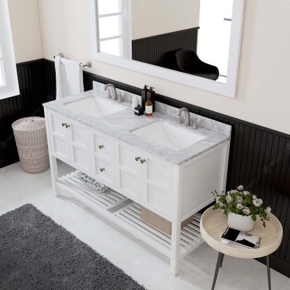 Winterfell 60" Double Bath Vanity in White with White Marble Top and Square Sinks with Matching Mirror