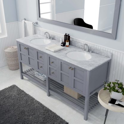 Winterfell 72" Double Bath Vanity in Gray with White Marble Top and Round Sinks with Matching Mirror