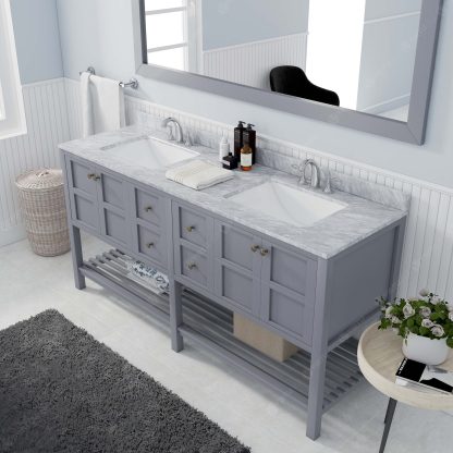 Winterfell 72" Double Bath Vanity in Gray with White Marble Top and Square Sinks with Matching Mirror