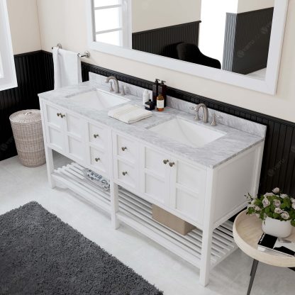 Winterfell 72" Double Bath Vanity in White with White Marble Top and Square Sinks with Polished Chrome Faucets with Matching Mirror