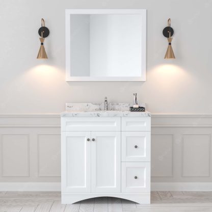 Elise 36" Single Bath Vanity in White with Cultured Marble Quartz Top and Square Sink with Matching Mirror