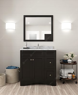Elise 36" Single Bath Vanity in Espresso with White Marble Top and Round Sink with Matching Mirror