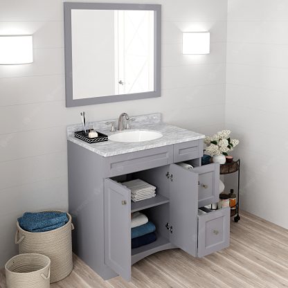 Elise 36" Single Bath Vanity in Gray with White Marble Top and Round Sink with Matching Mirror