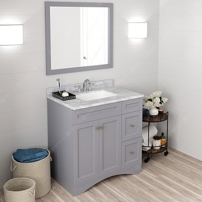 Elise 36" Single Bath Vanity in Gray with White Marble Top and Square Sink with Matching Mirror