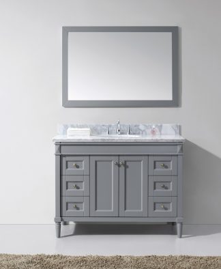 Tiffany 48" Single Bath Vanity in Gray with White Marble Top and Round Sink with Matching Mirror