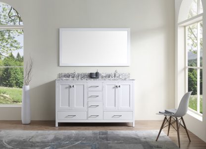 Caroline Madison 60" Double Bath Vanity in White with White Granite Top and Square Sinks with Matching Mirror
