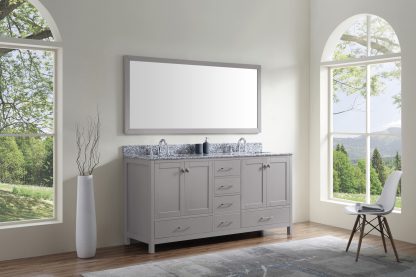 Caroline Madison 72" Double Bath Vanity in Cashmere Gray with White Granite Top and Square Sinks with Matching Mirror