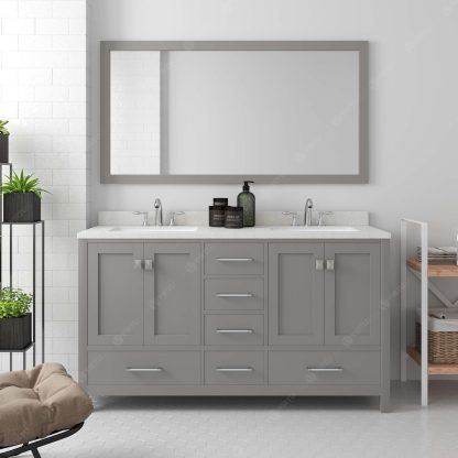 Caroline Avenue 60" Double Bath Vanity in Cashmere Gray with Dazzle White Quartz Top and Square Sinks with Polished Chrome Faucets with Matching Mirror