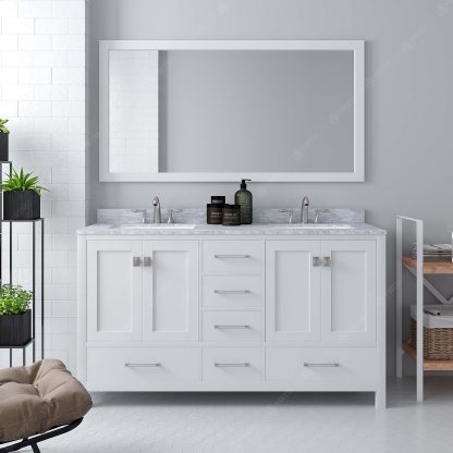 Caroline Avenue 60" Double Bath Vanity in White with White Marble Top and Square Sinks with Brushed Nickel Faucets with Matching Mirror