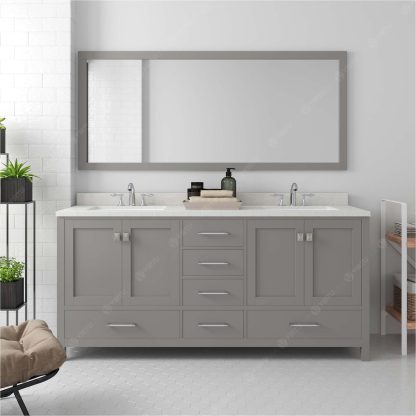 Caroline Avenue 72" Double Bath Vanity in Cashmere Gray with Dazzle White Quartz Top and Round Sinks with Brushed Nickel Faucets with Matching Mirror