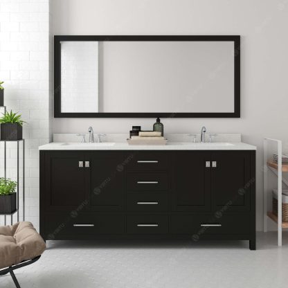 Caroline Avenue 72" Double Bath Vanity in Espresso with Dazzle White Quartz Top and Round Sinks with Polished Chrome Faucets with Matching Mirror