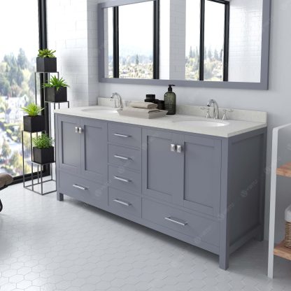 Caroline Avenue 72" Double Bath Vanity in Gray with Dazzle White Quartz Top and Round Sinks with Matching Mirror