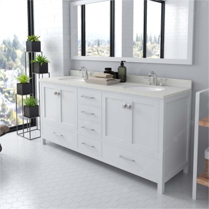 Caroline Avenue 72" Double Bath Vanity in White with Dazzle White Quartz Top and Round Sinks with Polished Chrome Faucets with Matching Mirror