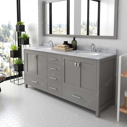 Caroline Avenue 72" Double Bath Vanity in Cashmere Gray with White Marble Top and Round Sinks with Matching Mirror