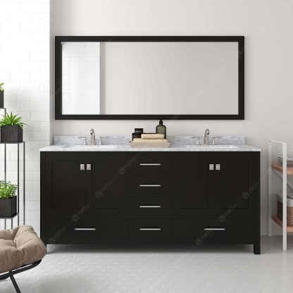 Caroline Avenue 72" Double Bath Vanity in Espresso with White Marble Top and Round Sinks with Matching Mirror