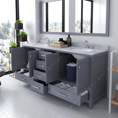 Caroline Avenue 72" Double Bath Vanity in Gray with White Marble Top and Round Sinks with Matching Mirror