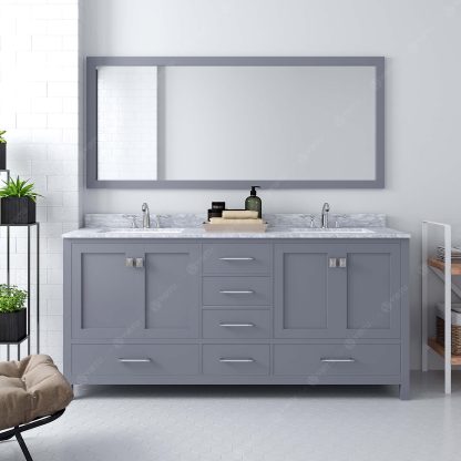 Caroline Avenue 72" Double Bath Vanity in Gray with White Marble Top and Square Sinks with Brushed Nickel Faucets with Matching Mirror