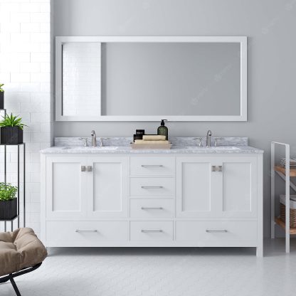 Caroline Avenue 72" Double Bath Vanity in White with White Marble Top and Square Sinks with Brushed Nickel Faucets with Matching Mirror