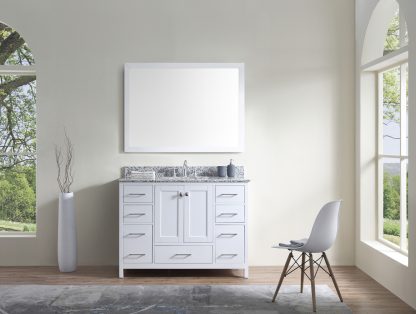 Caroline Madison 48" Single Bath Vanity in White with White Granite Top and Round Sink with Matching Mirror