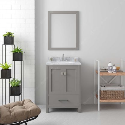 Caroline Avenue 24" Single Bath Vanity in Gray with White Marble Top and Round Sink with Brushed Nickel Faucet with Matching Mirror