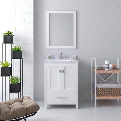Caroline Avenue 24" Single Bath Vanity in White with White Marble Top and Round Sink with Matching Mirror