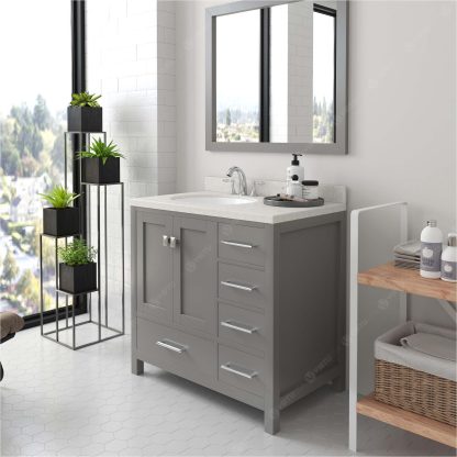 Caroline Avenue 36" Single Bath Vanity in Cashmere Gray with Dazzle White Quartz Top and Round Sink with Brushed Nickel Faucet with Matching Mirror