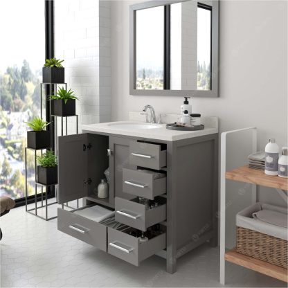 Caroline Avenue 36" Single Bath Vanity in Cashmere Gray with Dazzle White Quartz Top and Round Sink with Matching Mirror