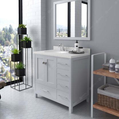 Caroline Avenue 36" Single Bath Vanity in White with Dazzle White Quartz Top and Round Sink with Polished Chrome Faucet with Matching Mirror