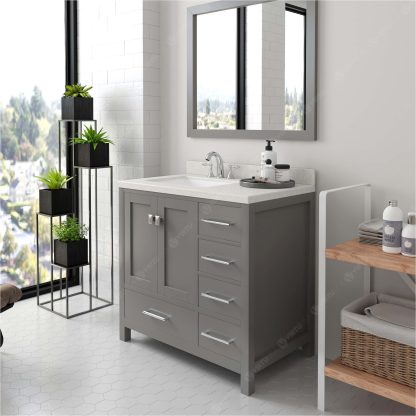 Caroline Avenue 36" Single Bath Vanity in Cashmere Gray with Dazzle White Quartz Top and Square Sink with Polished Chrome Faucet with Matching Mirror