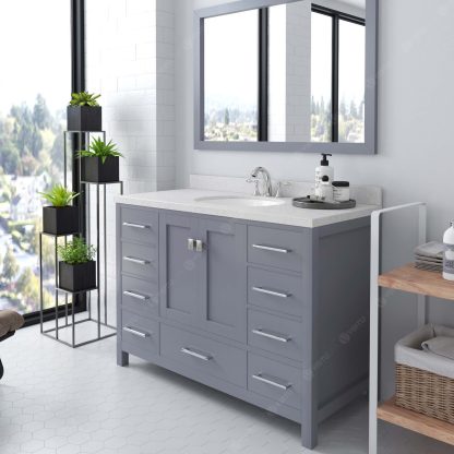 Caroline Avenue 48" Single Bath Vanity in Gray with Dazzle White Quartz Top and Round Sink with Polished Chrome Faucet with Matching Mirror
