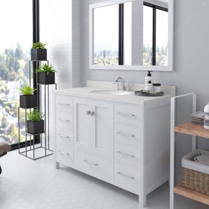 Caroline Avenue 48" Single Bath Vanity in White with Dazzle White Quartz Top and Round Sink with Matching Mirror
