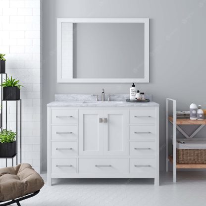 Caroline Avenue 48" Single Bath Vanity in White with White Marble Top and Square Sink with Brushed Nickel Faucet with Matching Mirror