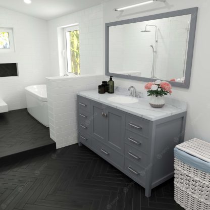 Caroline Avenue 60" Single Bath Vanity in Gray with Calacatta Quartz Top and Round Sink with Brushed Nickel Faucet with Matching Mirror