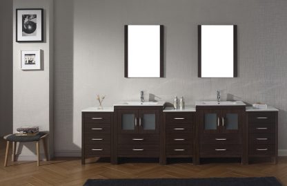Dior 110" Double Bath Vanity in Espresso with White Ceramic Top and Integrated Square Sinks with Brushed Nickel Faucets with Matching Mirror
