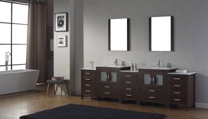 Dior 110" Double Bath Vanity in Espresso with White Ceramic Top and Integrated Square Sinks with Brushed Nickel Faucets with Matching Mirror