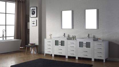 Dior 110" Double Bath Vanity in White with White Ceramic Top and Integrated Square Sinks with Brushed Nickel Faucets with Matching Mirror
