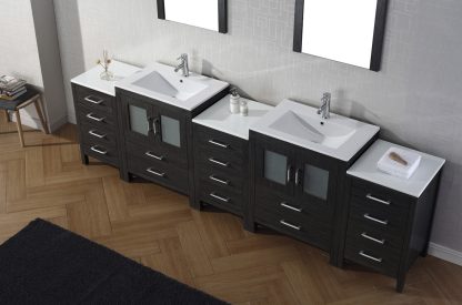 Dior 110" Double Bath Vanity in Zebra Gray with White Ceramic Top and Integrated Square Sinks with Polished Chrome Faucets with Matching Mirror