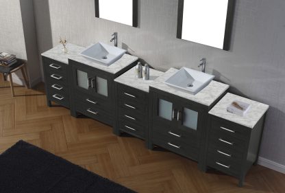 Dior 110" Double Bath Vanity in Zebra Gray with White Marble Top and Square Sinks with Brushed Nickel Faucets with Matching Mirror