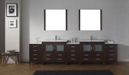Dior 118" Double Bath Vanity in Espresso with White Ceramic Top and Integrated Square Sinks with Polished Chrome Faucets with Matching Mirror
