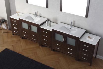Dior 118" Double Bath Vanity in Espresso with White Ceramic Top and Integrated Square Sinks with Brushed Nickel Faucets with Matching Mirror