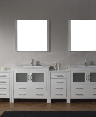 Dior 118" Double Bath Vanity in White with White Ceramic Top and Integrated Square Sinks with Brushed Nickel Faucets with Matching Mirror