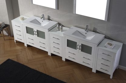 Dior 118" Double Bath Vanity in White with White Ceramic Top and Integrated Square Sinks with Polished Chrome Faucets with Matching Mirror
