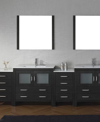 Dior 118" Double Bath Vanity in Zebra Gray with White Ceramic Top and Integrated Square Sinks with Polished Chrome Faucets with Matching Mirror