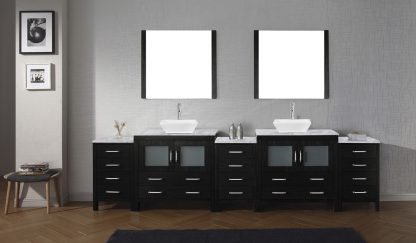 Dior 118" Double Bath Vanity in Zebra Gray with White Marble Top and Square Sinks with Brushed Nickel Faucets with Matching Mirror