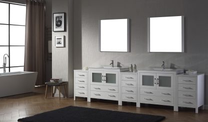 Dior 126" Double Bath Vanity in White with White Ceramic Top and Integrated Square Sinks with Polished Chrome Faucets with Matching Mirror